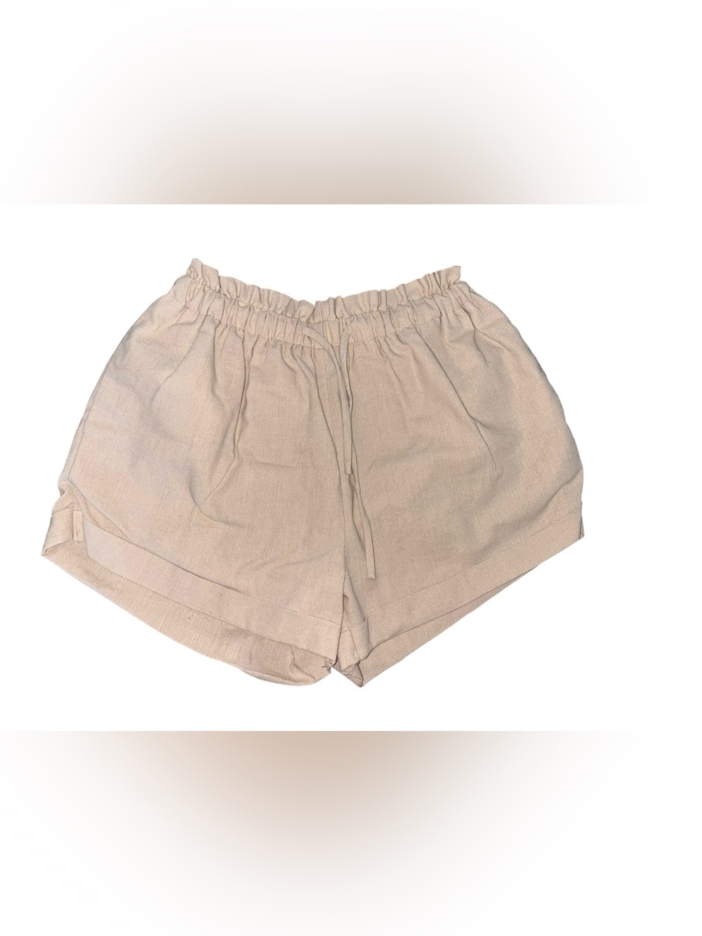 HYFVE Womenโs Medium Beige Linen Blend Paperbag Waist Shorts